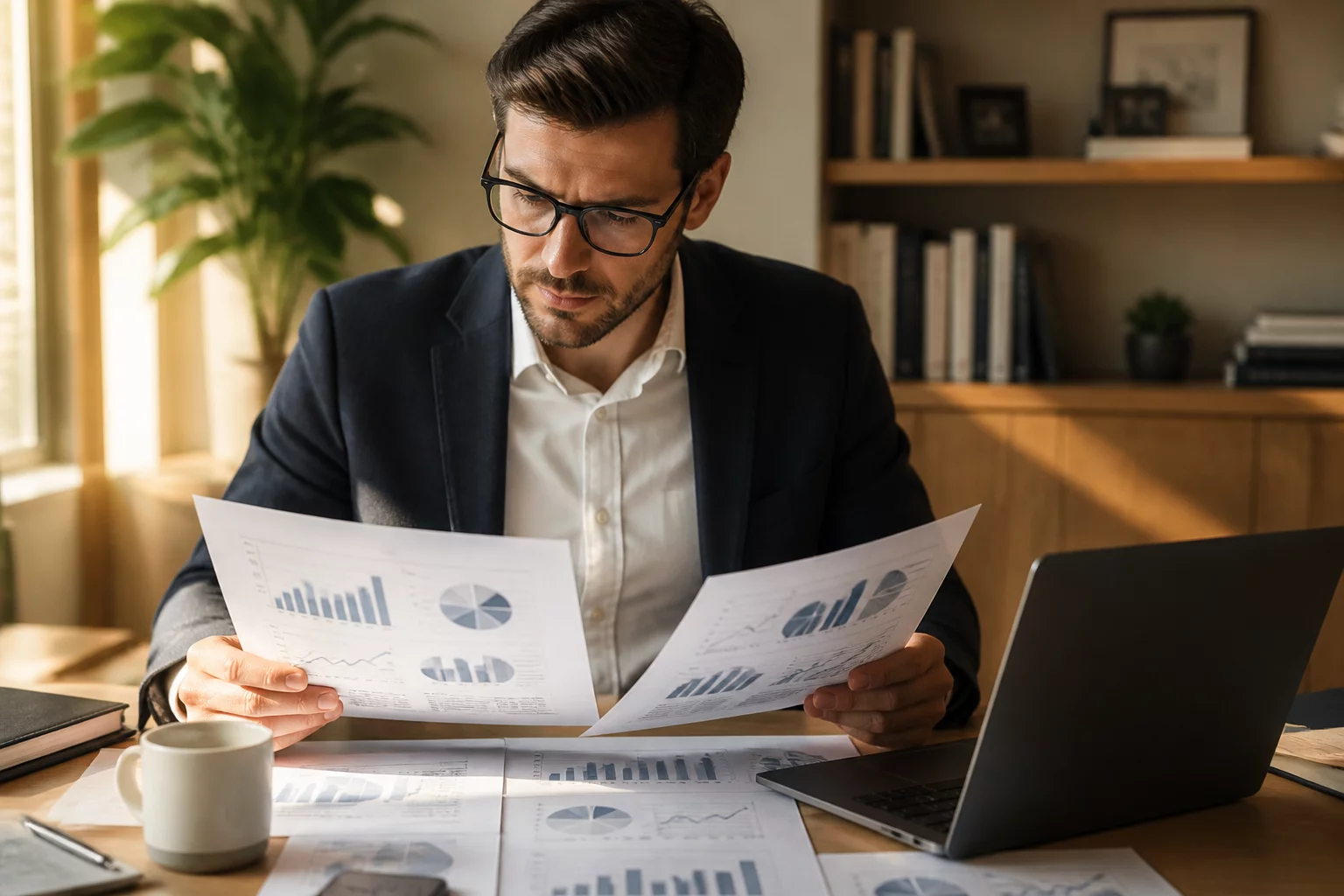 Professional analyzing data reports