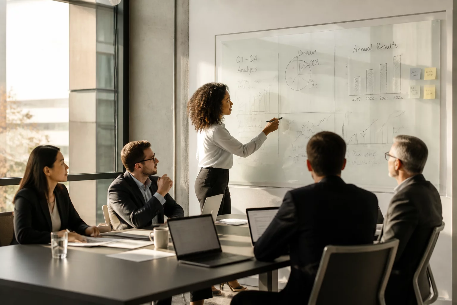 Professional team defining business metrics in a minimalist office